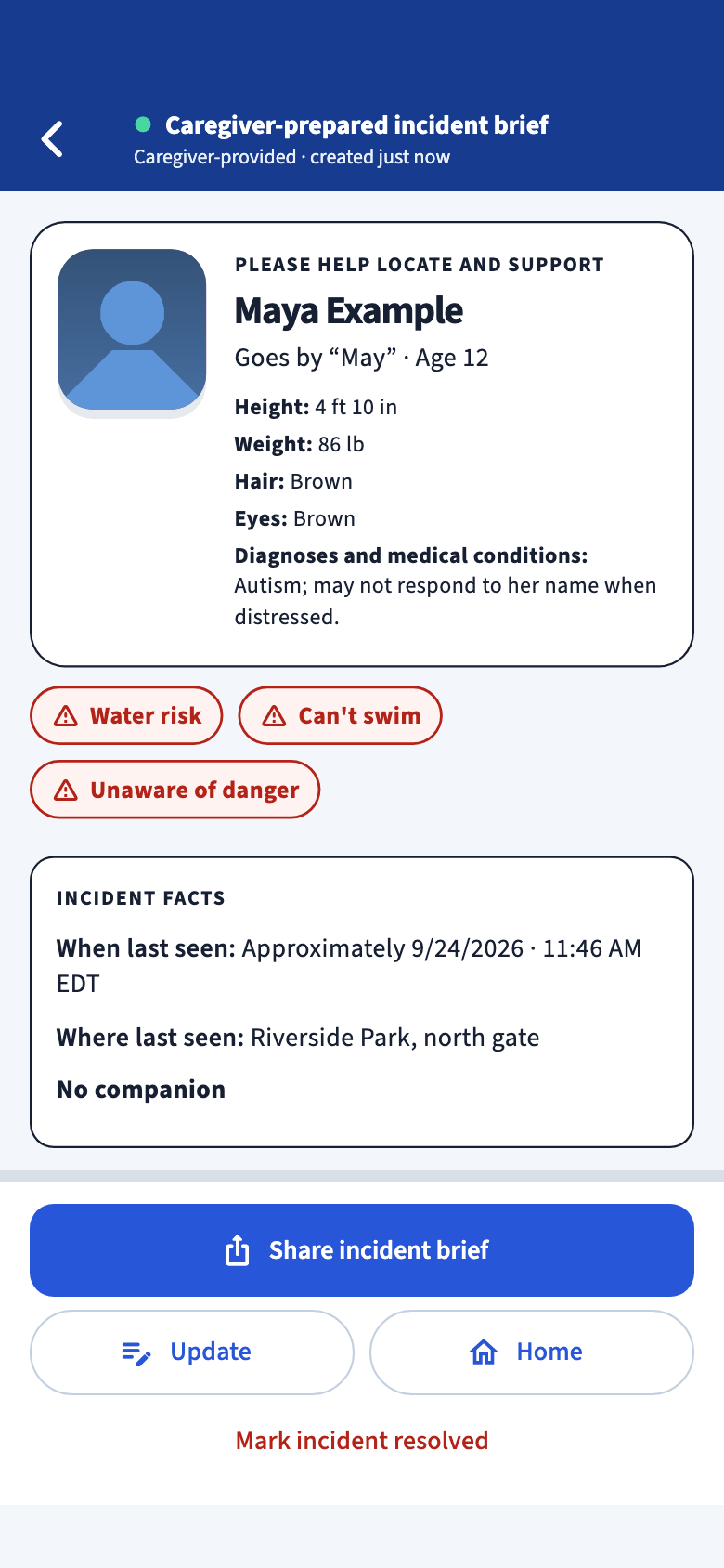 Fictional incident brief with the person’s photo, red risk warnings, and incident facts