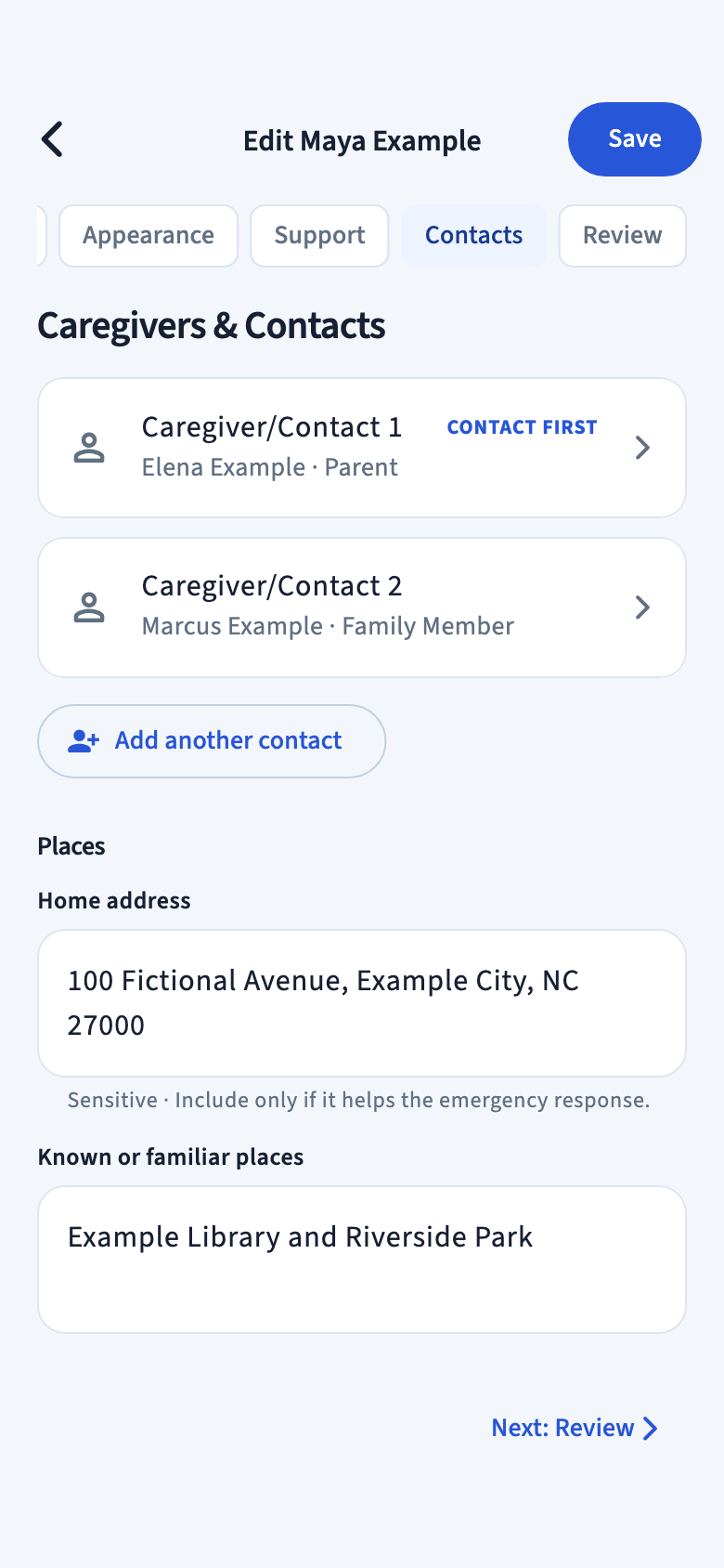 Editing a fictional profile on the Contacts tab, with two caregivers and places