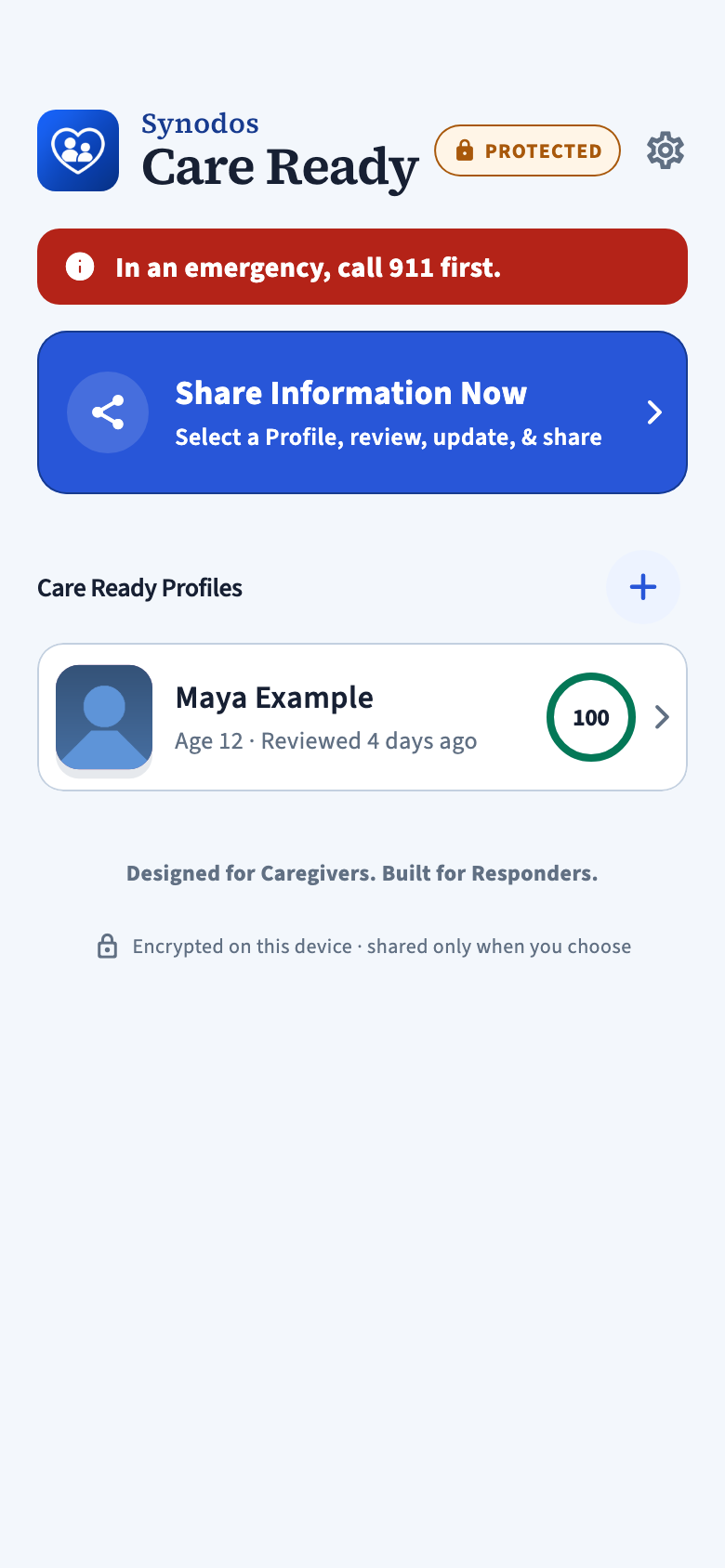 Care Ready Home with a red 911 reminder, Share Information Now, and a fictional profile with a readiness ring