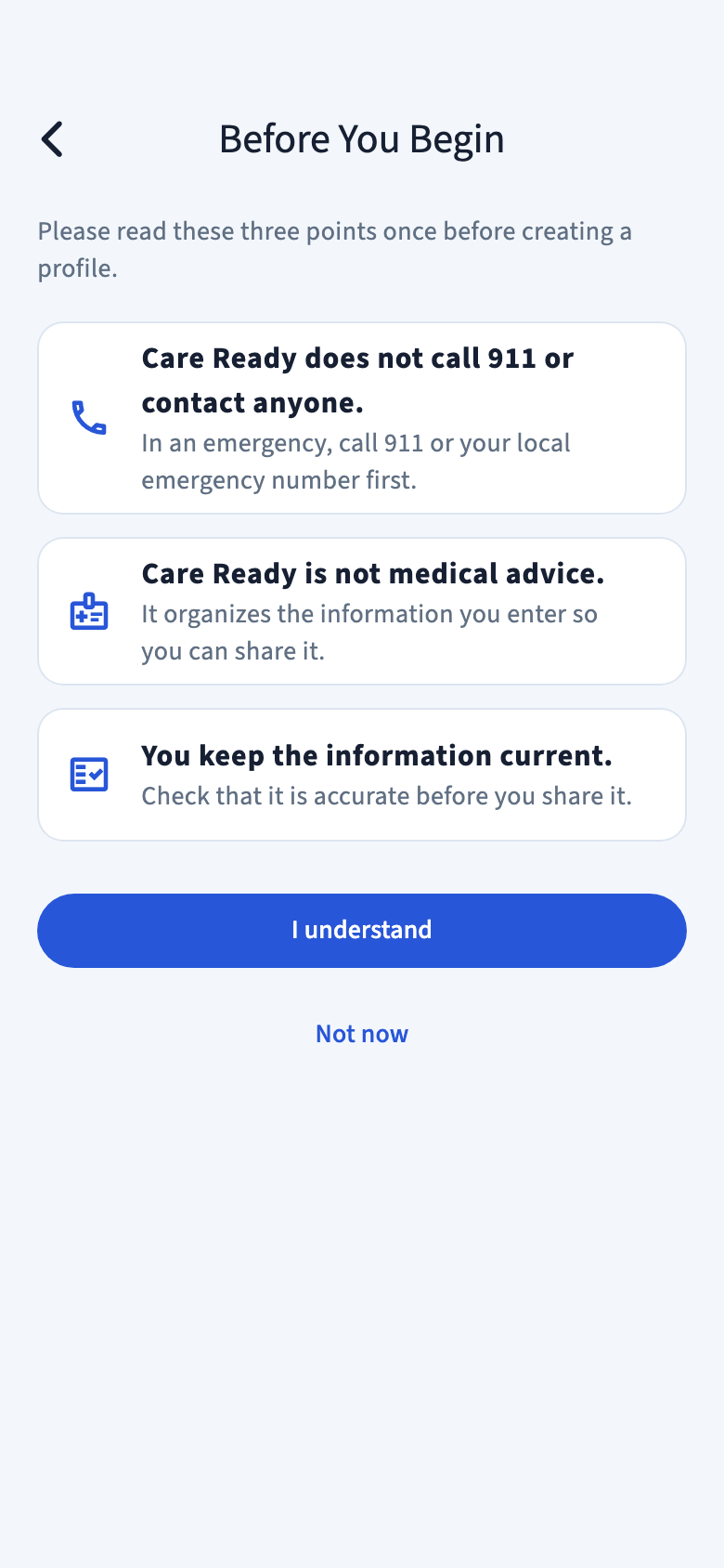 Before You Begin screen with three points and an I understand button.