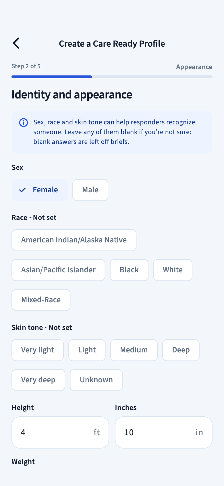 Identity and appearance screen with Female chosen, Race and Skin tone not set, and height fields.
