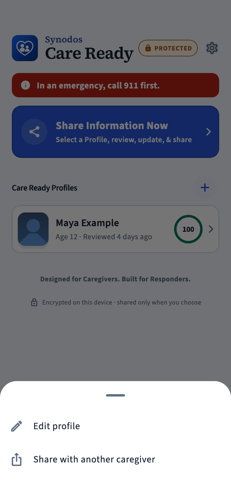 Touch-and-hold menu on Home with Edit profile and Share with another caregiver.