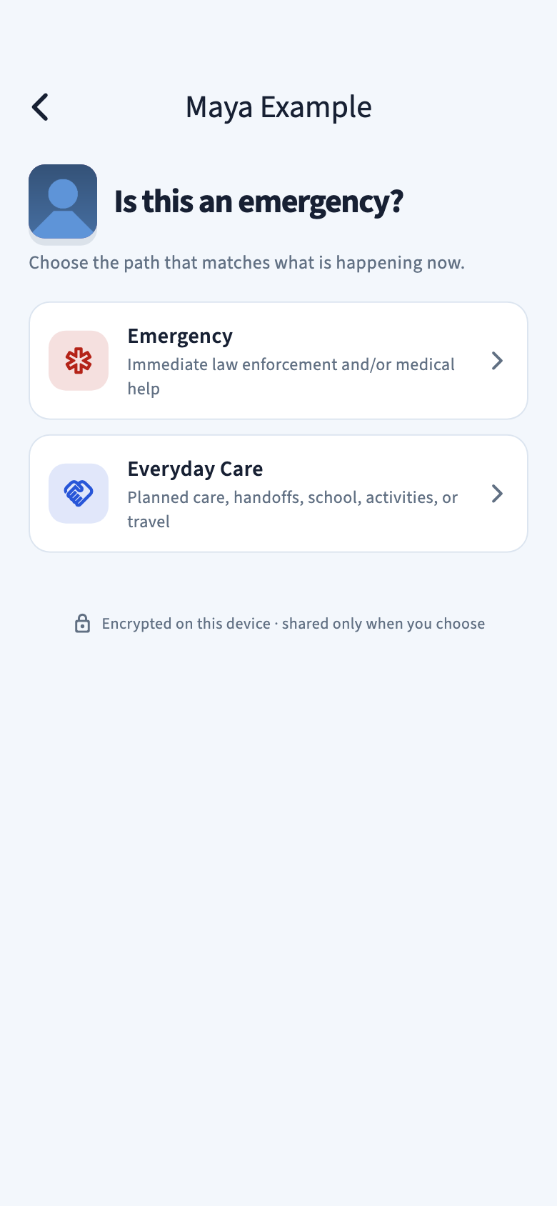 Care Ready asks whether Maya Example needs emergency help or everyday care.