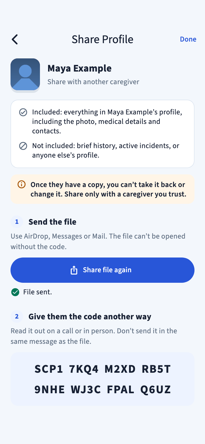 Share Profile screen for Maya Example showing what is included, a Share file again button, and a fictional sharing code.
