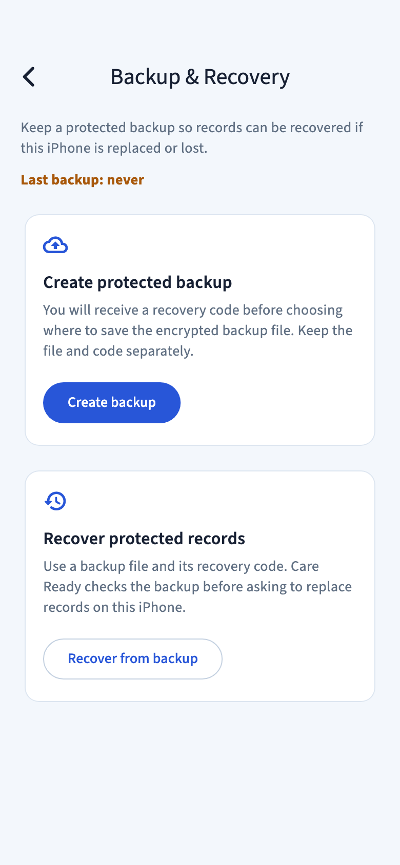 Care Ready Backup and Recovery screen with Last backup: never, Create backup, and Recover from backup.