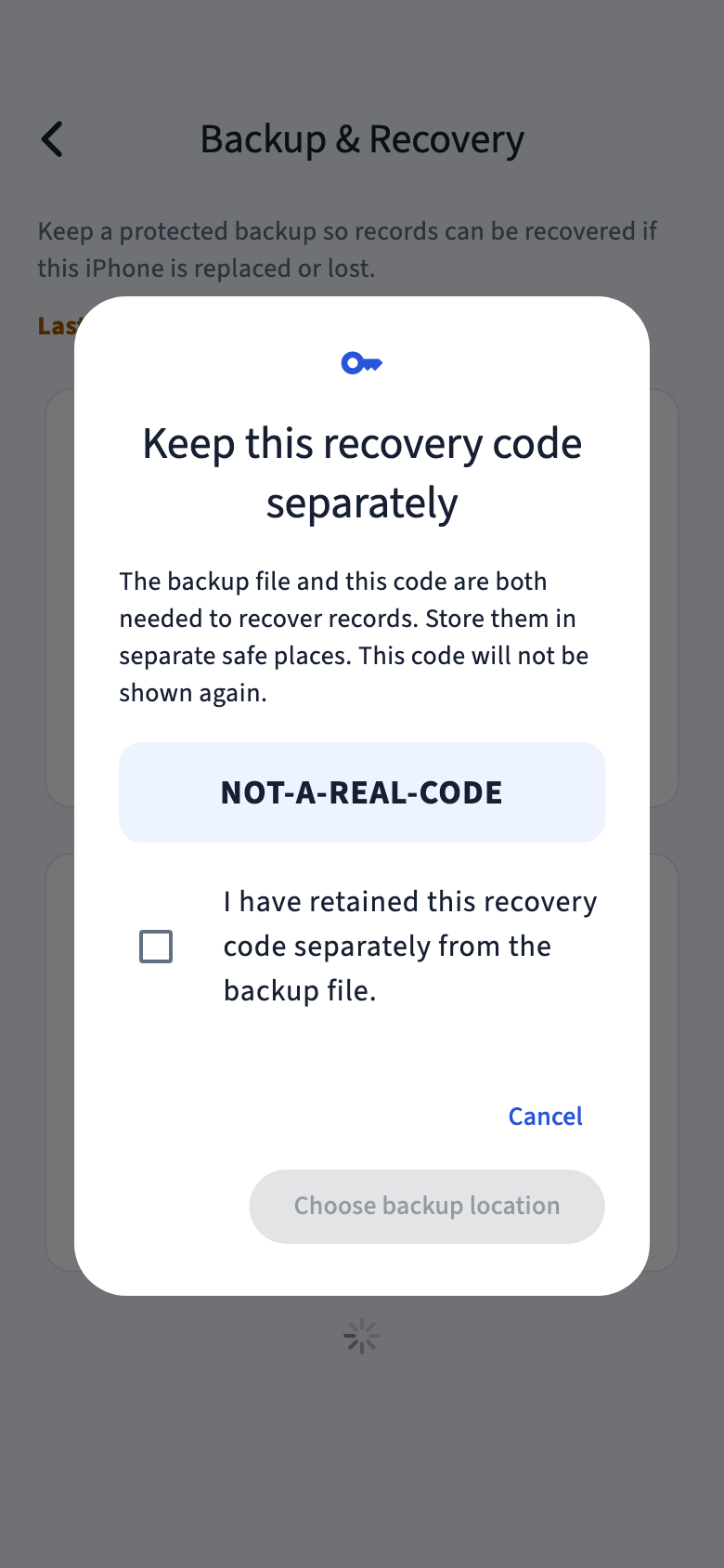 Keep this recovery code separately dialog showing the fictional code NOT-A-REAL-CODE.